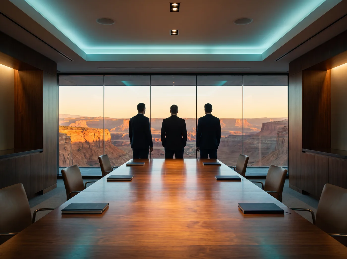 A leadership team in a boardroom at sunrise, looking out over a vast canyon landscape
